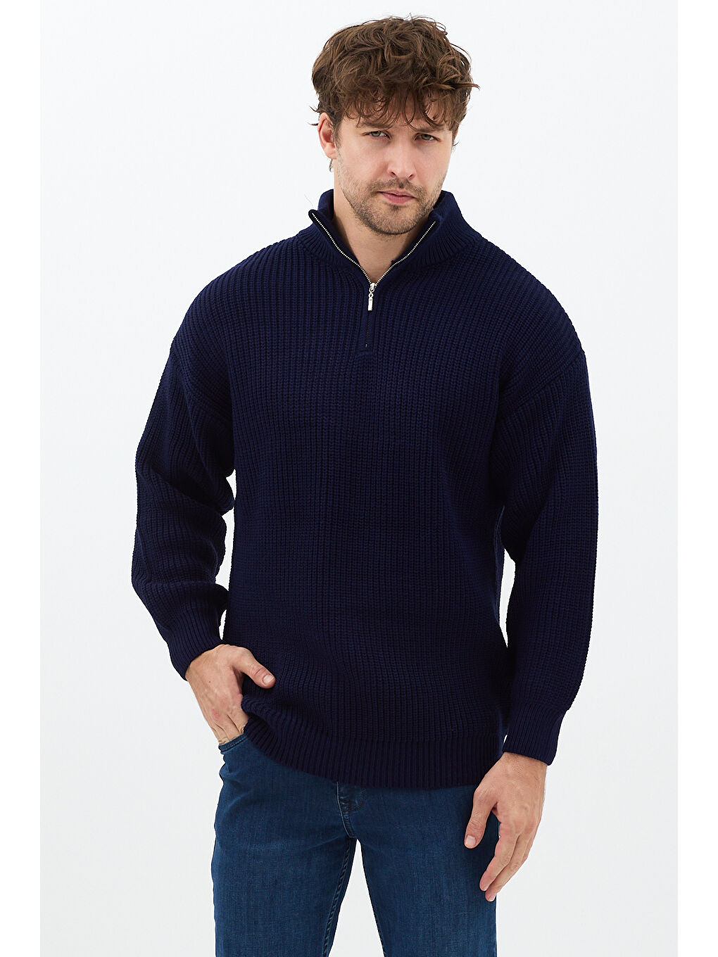 Lacivert Erkek Oversize Fermuarlı Balıkçı Triko Kazak