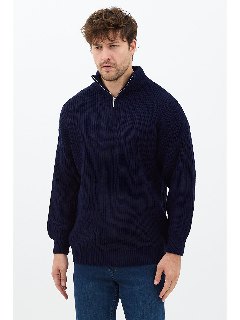 Lacivert Erkek Oversize Fermuarlı Balıkçı Triko Kazak-1