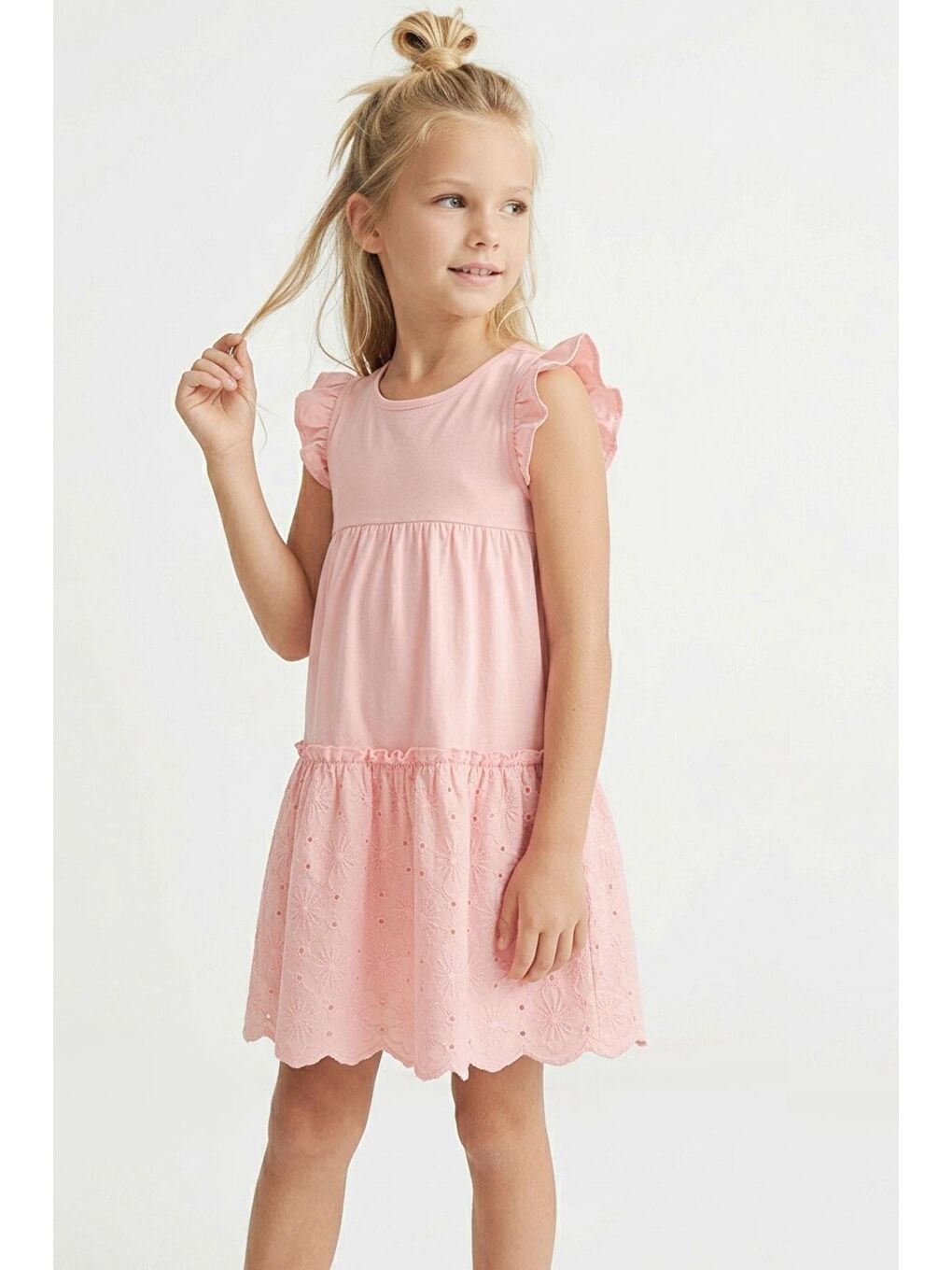 Kız Çocuk Elbise Çiçek Nakışlı Dantel Detaylı Pembe (3-8 Yaş)-1