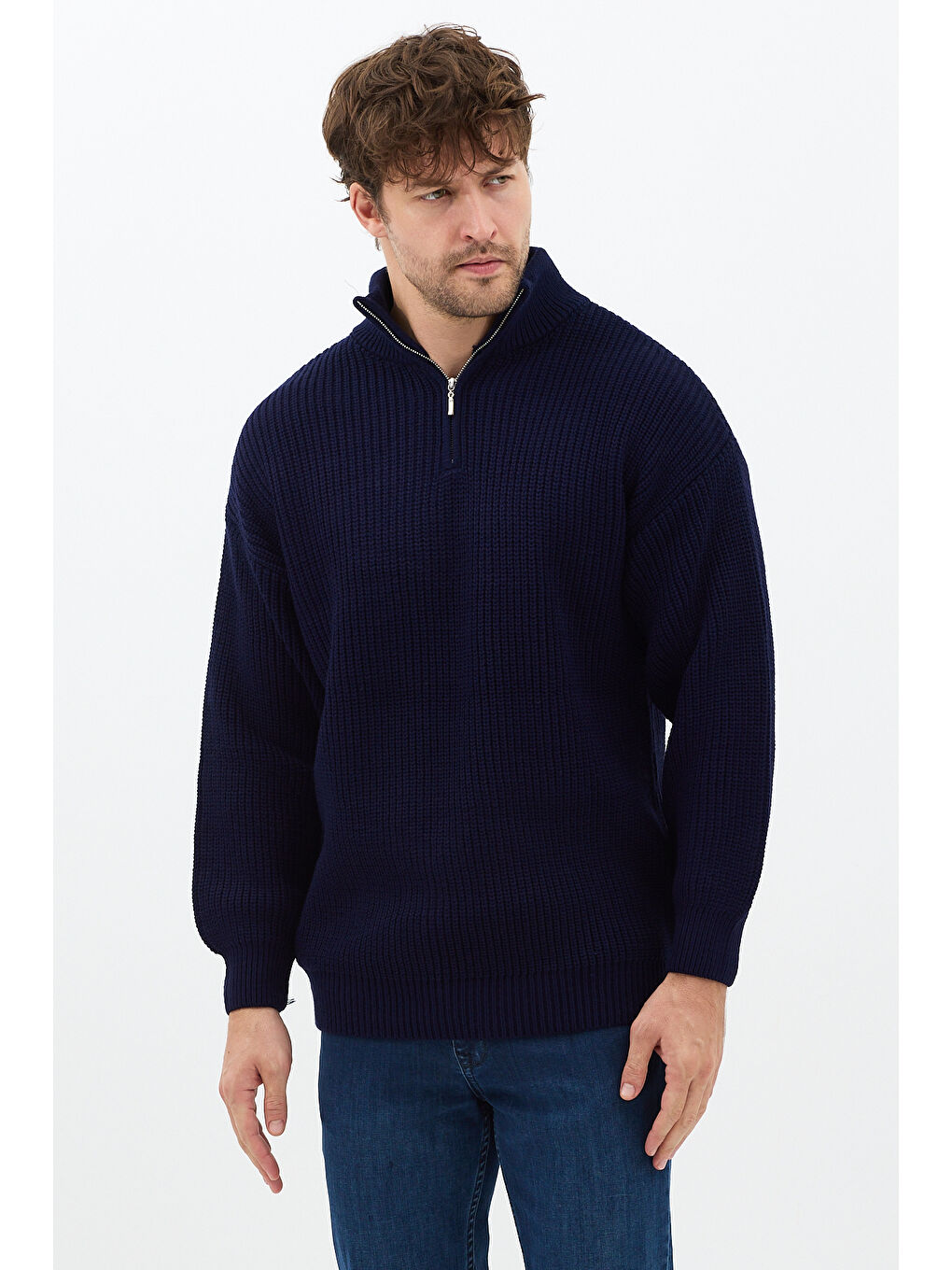 Lacivert Erkek Oversize Fermuarlı Balıkçı Triko Kazak-2