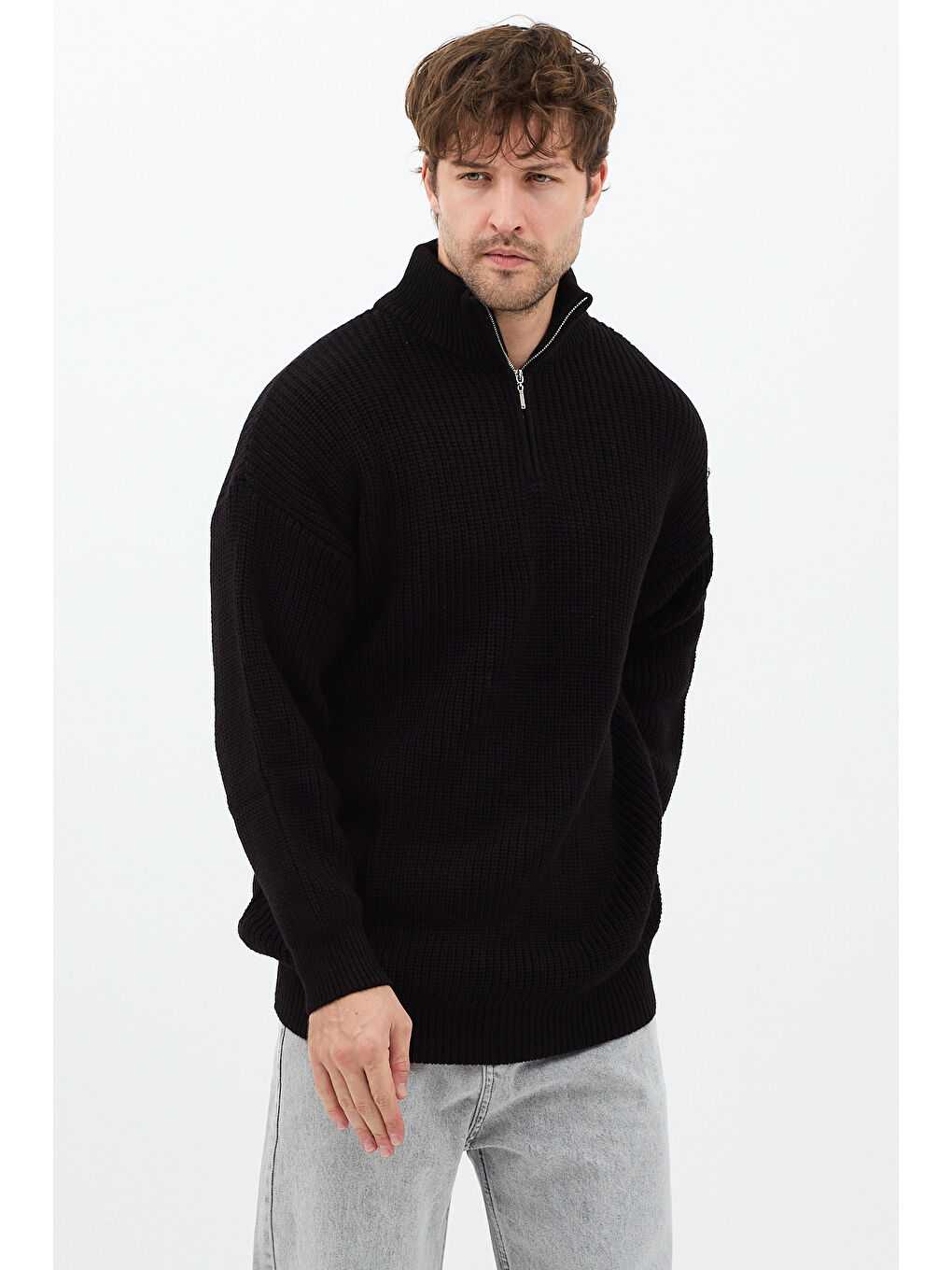 Siyah Erkek Oversize Fermuarlı Balıkçı Triko Kazak-2