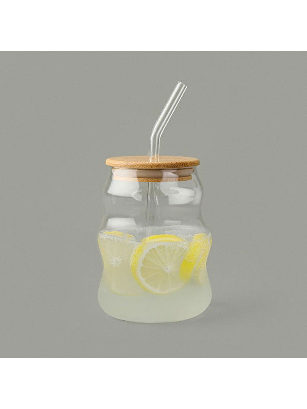 Bambu Kapaklı Pipetli Bardak - Açık Kahverengi / Şeffaf - 450 ml