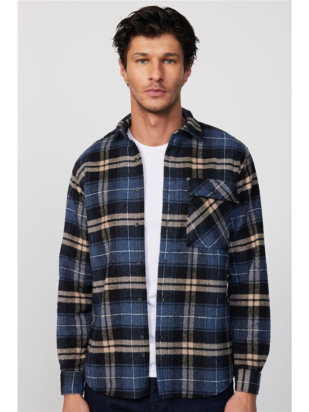 Karışık Erkek Regular Fit Klasik Kesim Tek Cepli Kareli Kışlık Oduncu Gömlek-1