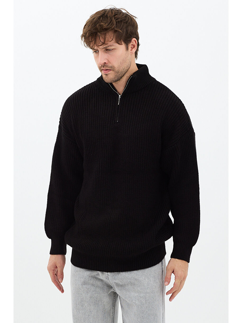 Siyah Erkek Oversize Fermuarlı Balıkçı Triko Kazak-3