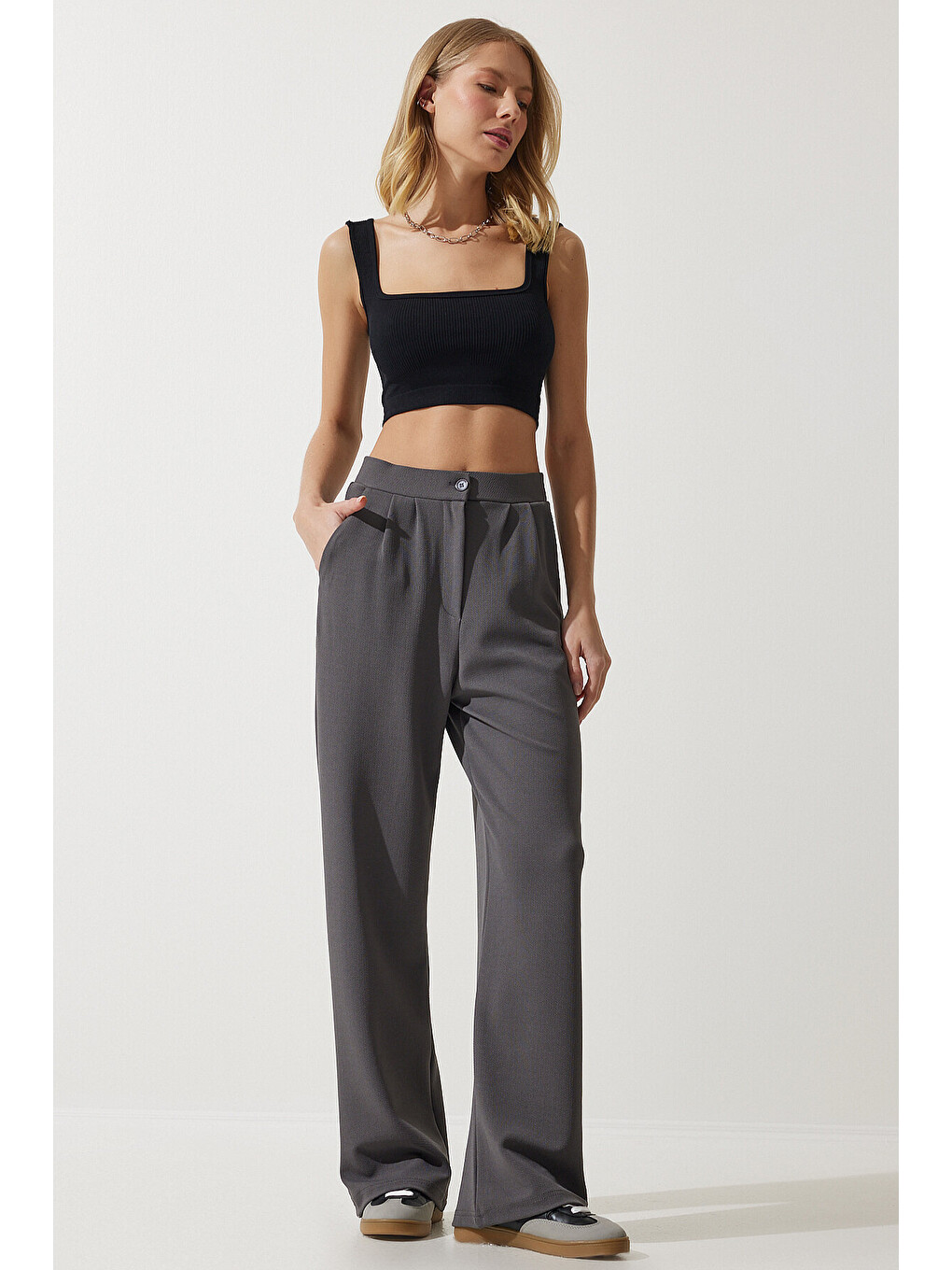 Elastanlı Rahat Palazzo Örme Pantolon Gri Lrv0019-1