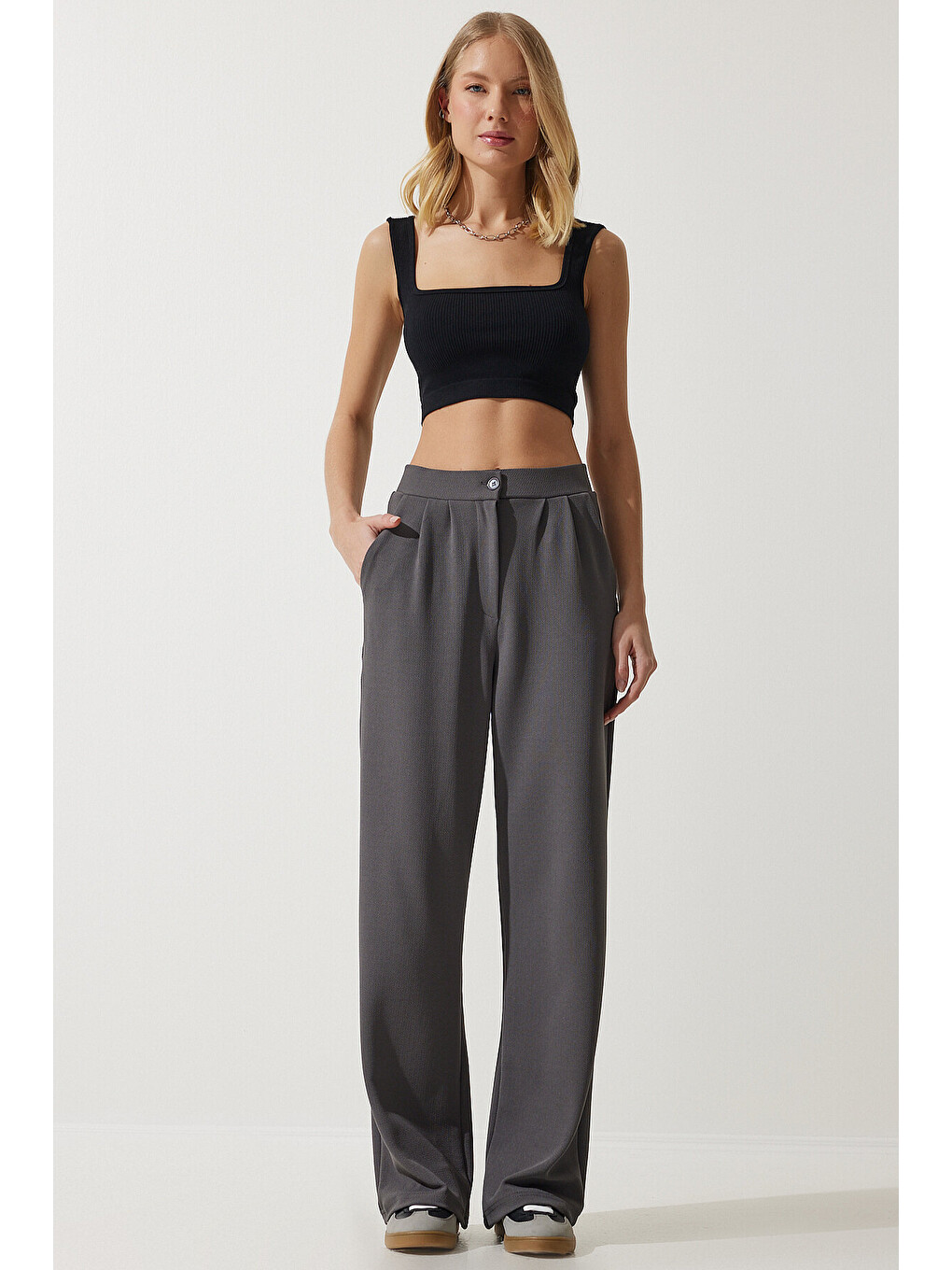 Elastanlı Rahat Palazzo Örme Pantolon Gri Lrv0019-2