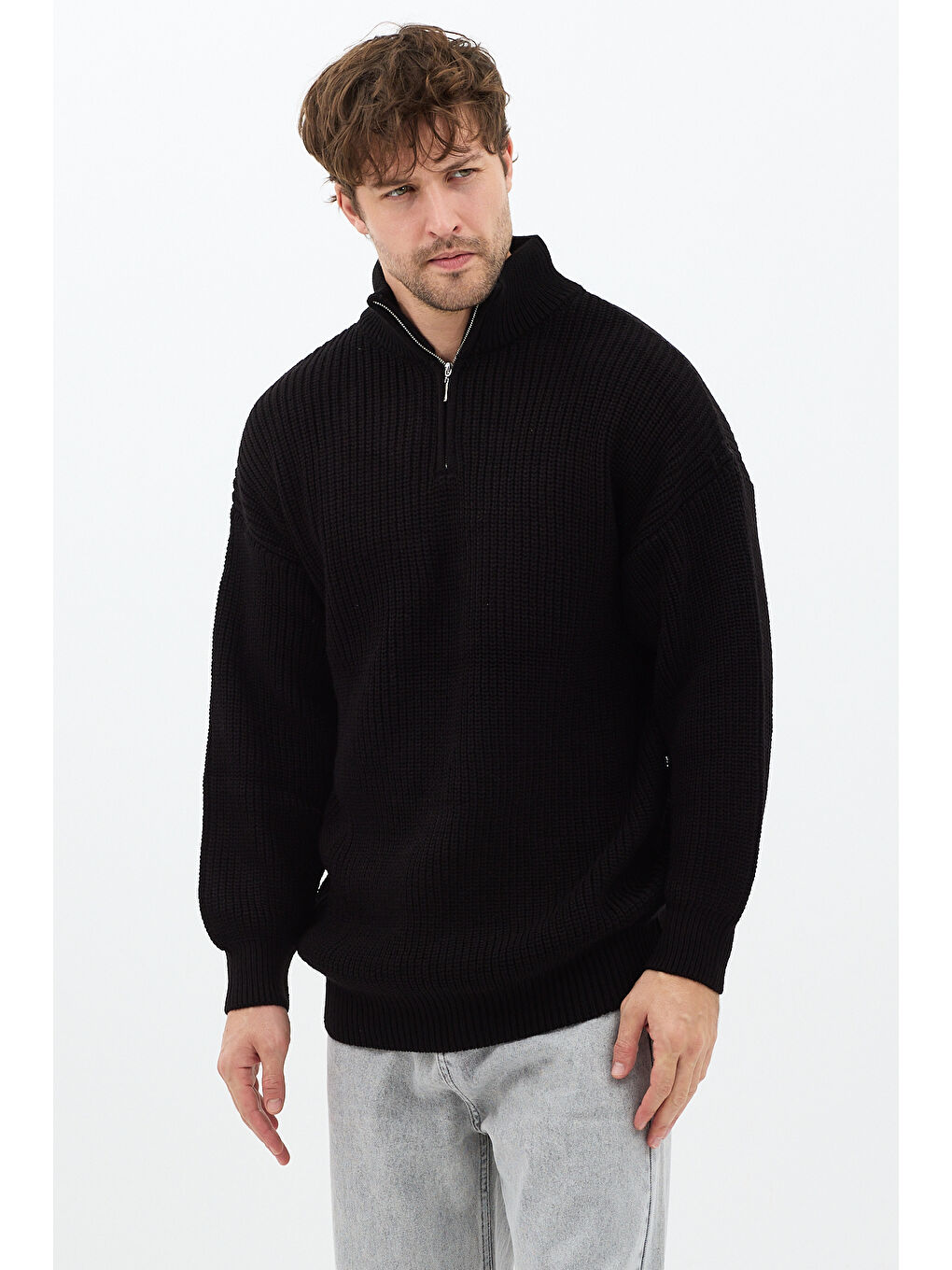 Siyah Erkek Oversize Fermuarlı Balıkçı Triko Kazak-4