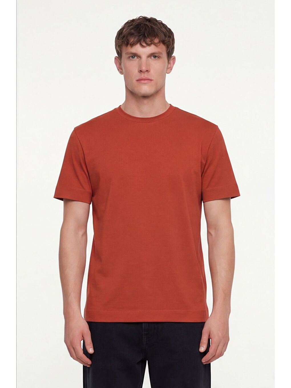 Kahverengi Erkek Kiremit Normal Kesim Regular Fit %100 Pamuk Dokuma Bisiklet Yaka Basic T-Shirt