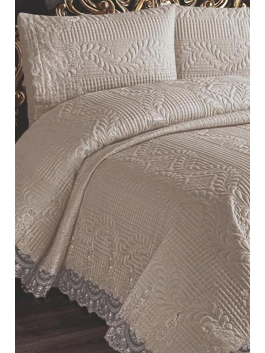 Karışık Simirna Dantelli Kapitoneli Ultrasonik Çift Kişilik Yatak Örtüsü Açık Cappucino-1