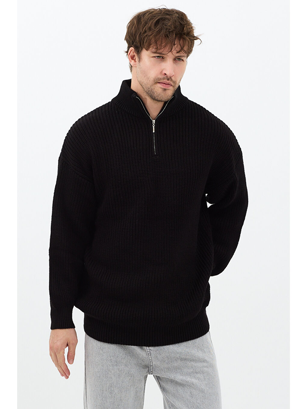 Siyah Erkek Oversize Fermuarlı Balıkçı Triko Kazak-5