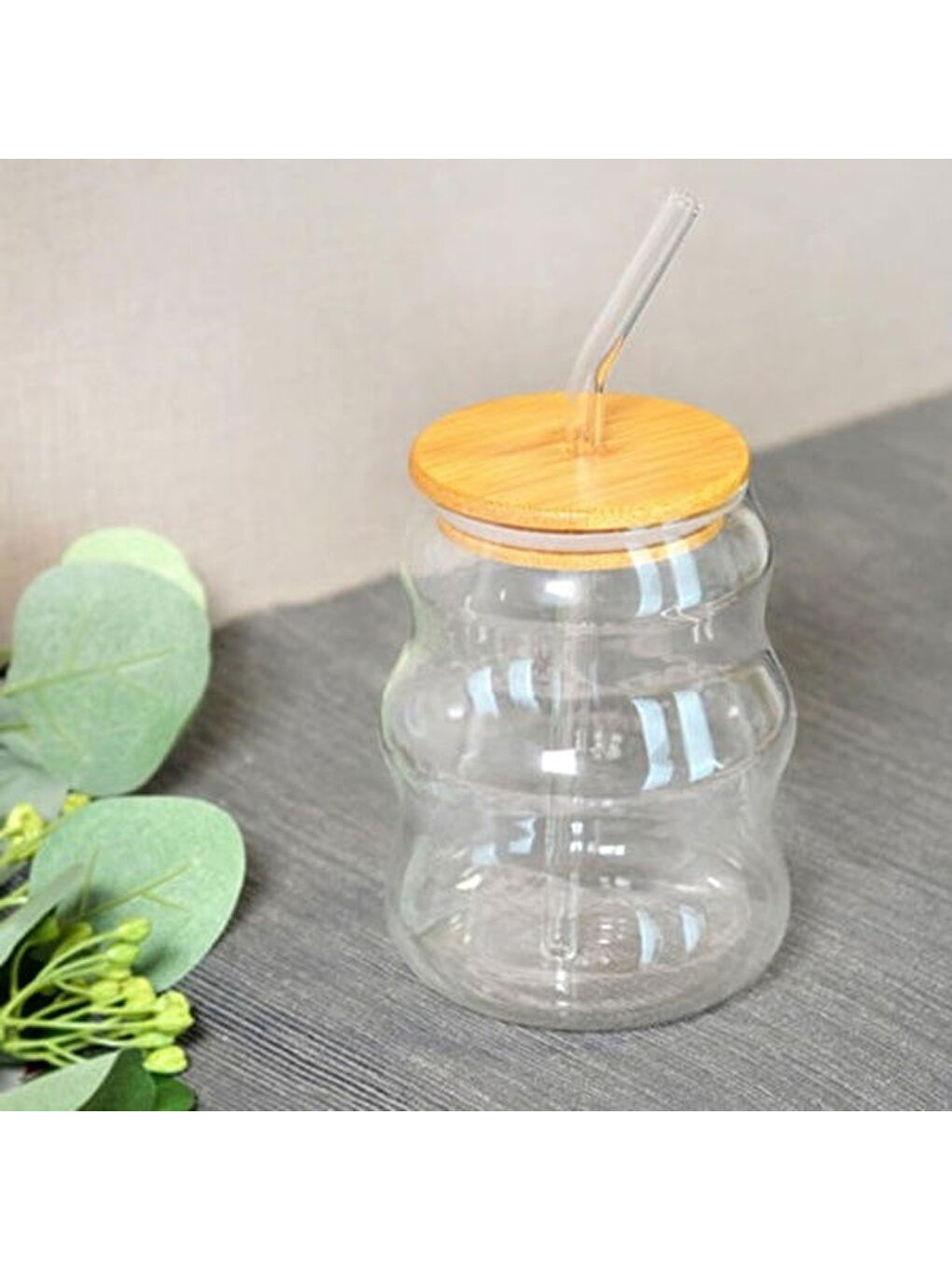 Bambu Kapaklı Pipetli Bardak - Açık Kahverengi / Şeffaf - 450 ml-3