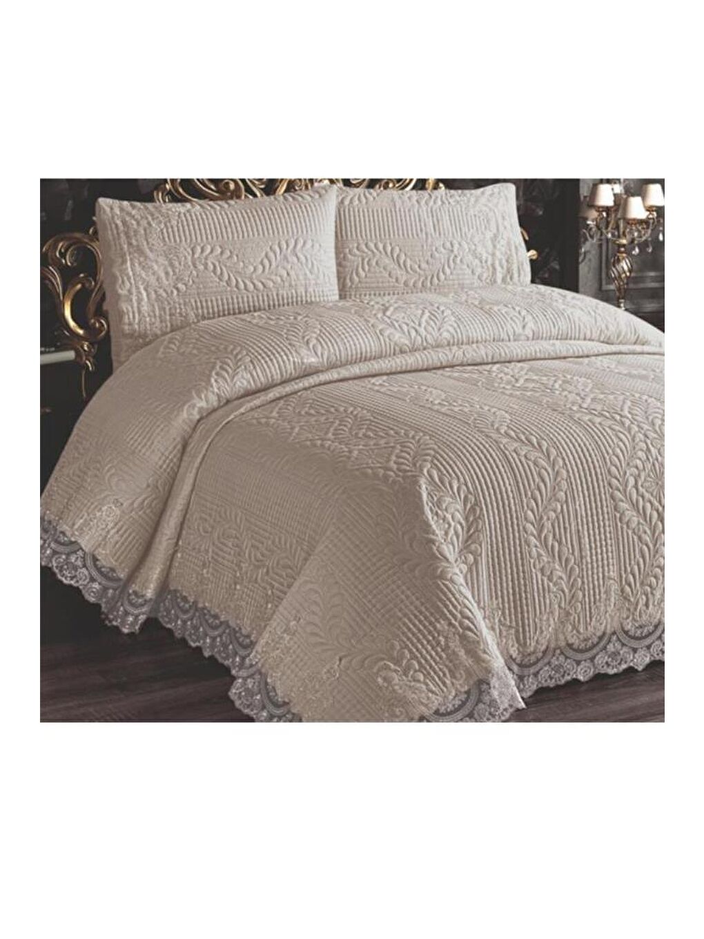 Karışık Simirna Dantelli Kapitoneli Ultrasonik Çift Kişilik Yatak Örtüsü Açık Cappucino-2