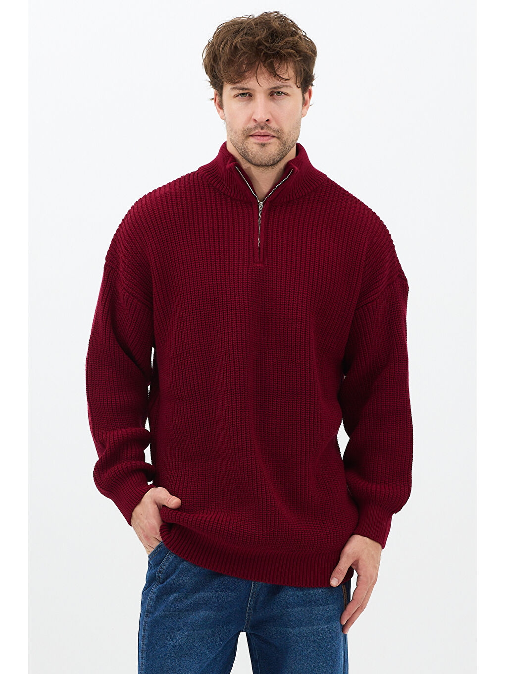 Bordo Erkek Oversize Fermuarlı Balıkçı Triko Kazak