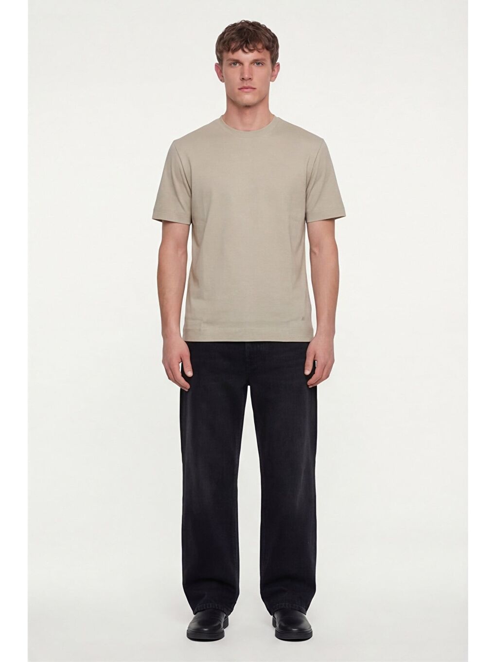 Ekru Erkek Krem Normal Kesim Regular Fit %100 Pamuk Dokuma Bisiklet Yaka Basic T-Shirt-1