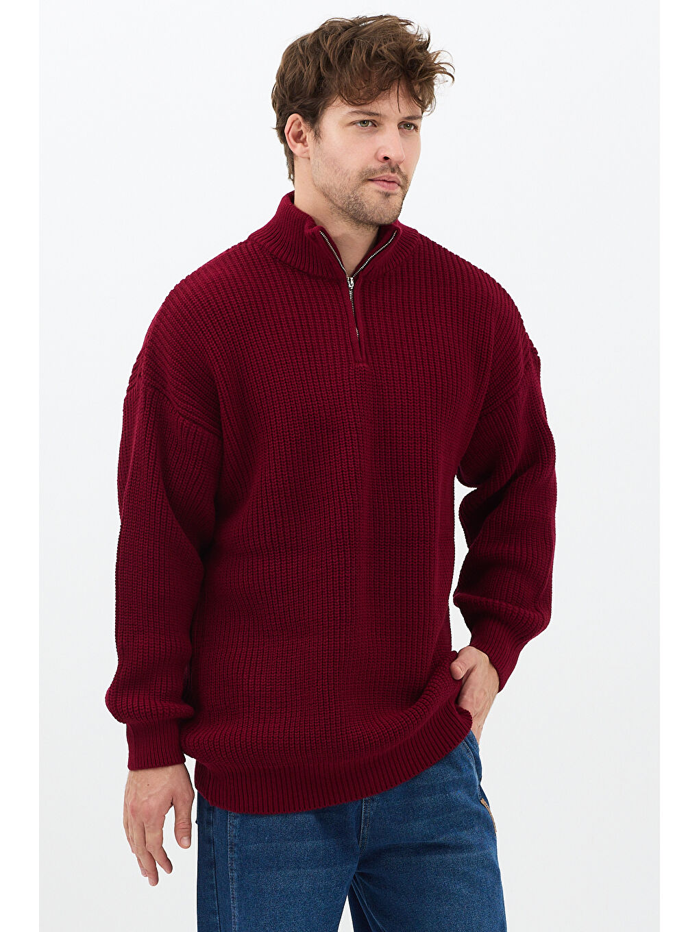 Bordo Erkek Oversize Fermuarlı Balıkçı Triko Kazak-1