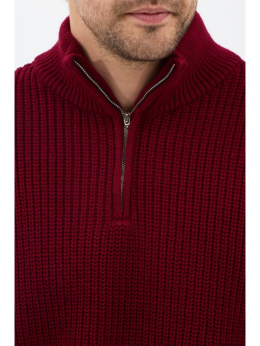 Bordo Erkek Oversize Fermuarlı Balıkçı Triko Kazak-2