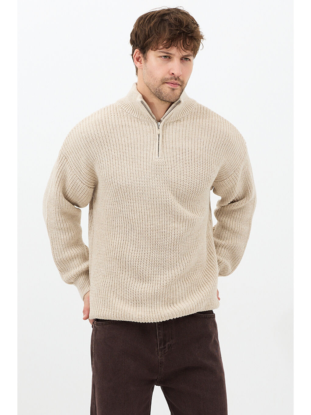 Bej Erkek Oversize Fermuarlı Balıkçı Triko Kazak-1