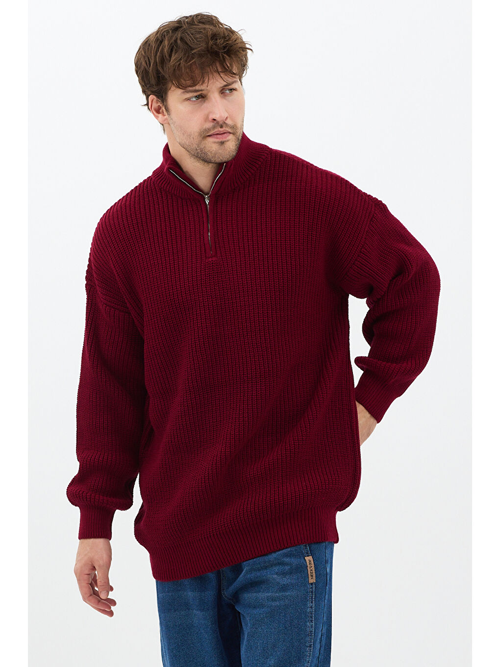 Bordo Erkek Oversize Fermuarlı Balıkçı Triko Kazak-3