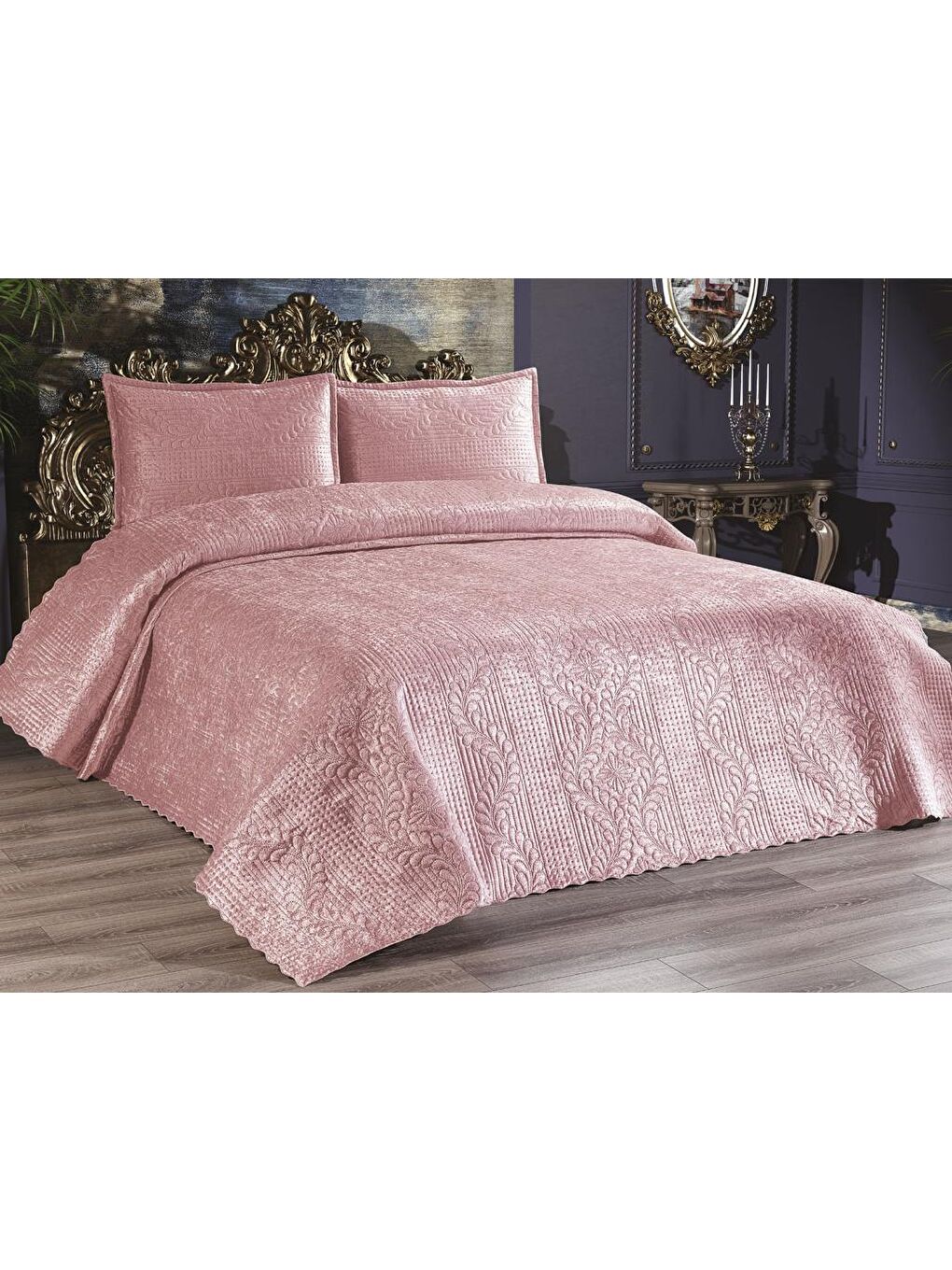 Pembe Velica Çift Kişilik Kadife Yatak Örtüsü Pudra