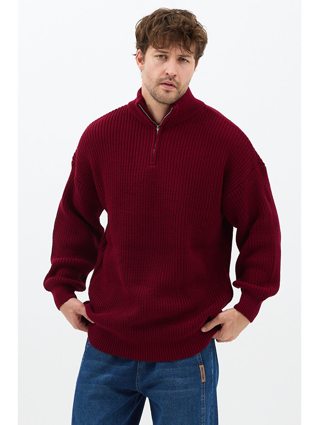 Bordo Erkek Oversize Fermuarlı Balıkçı Triko Kazak-4