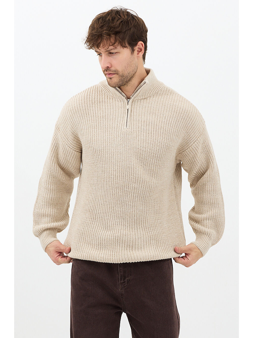 Bej Erkek Oversize Fermuarlı Balıkçı Triko Kazak-2