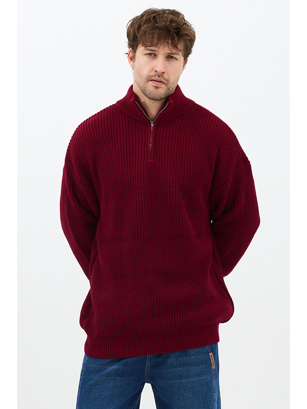 Bordo Erkek Oversize Fermuarlı Balıkçı Triko Kazak-5