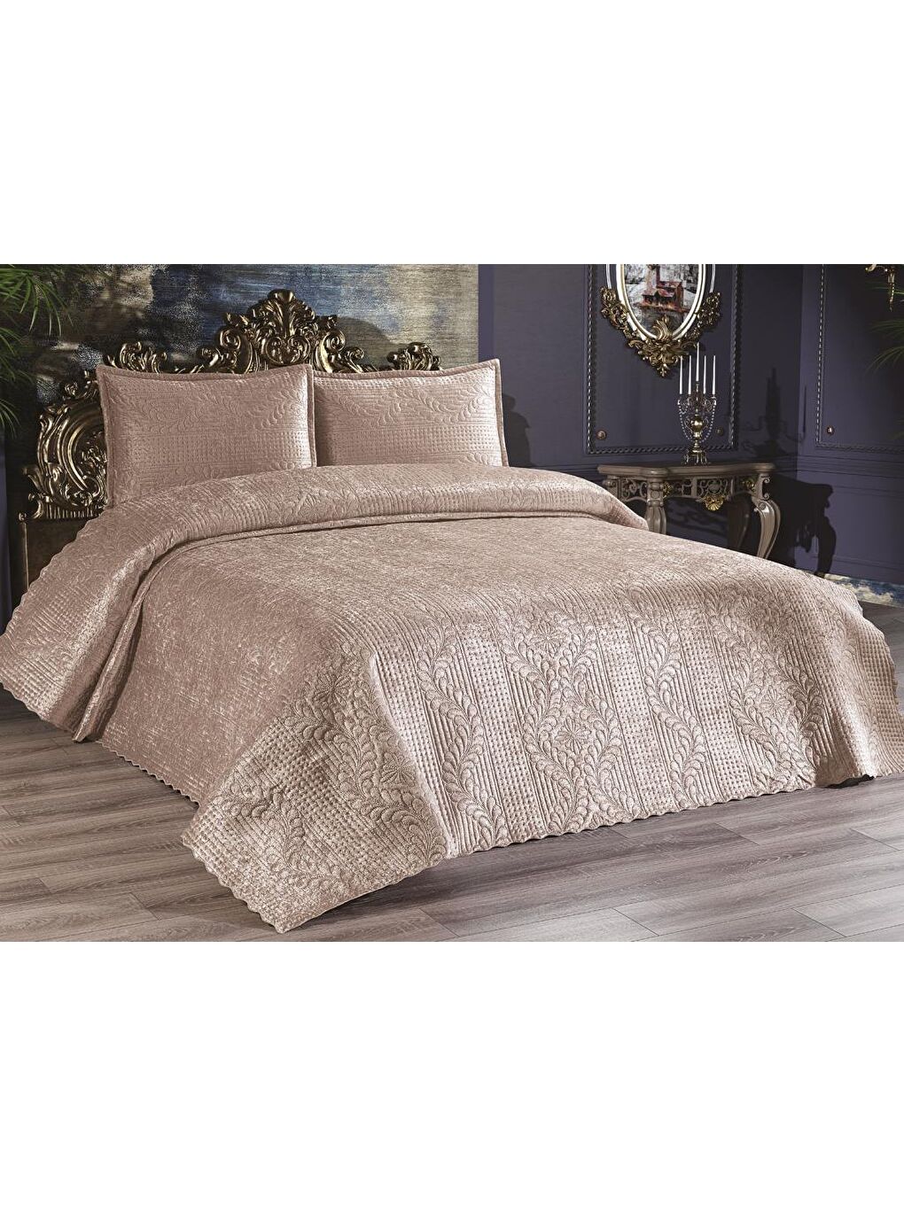Karışık Velica Çift Kişilik Kadife Yatak Örtüsü Cappucino