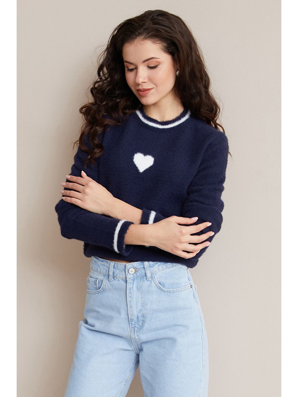 Lacivert Kalp Desenli Bisiklet Yaka Sakallı Kazak