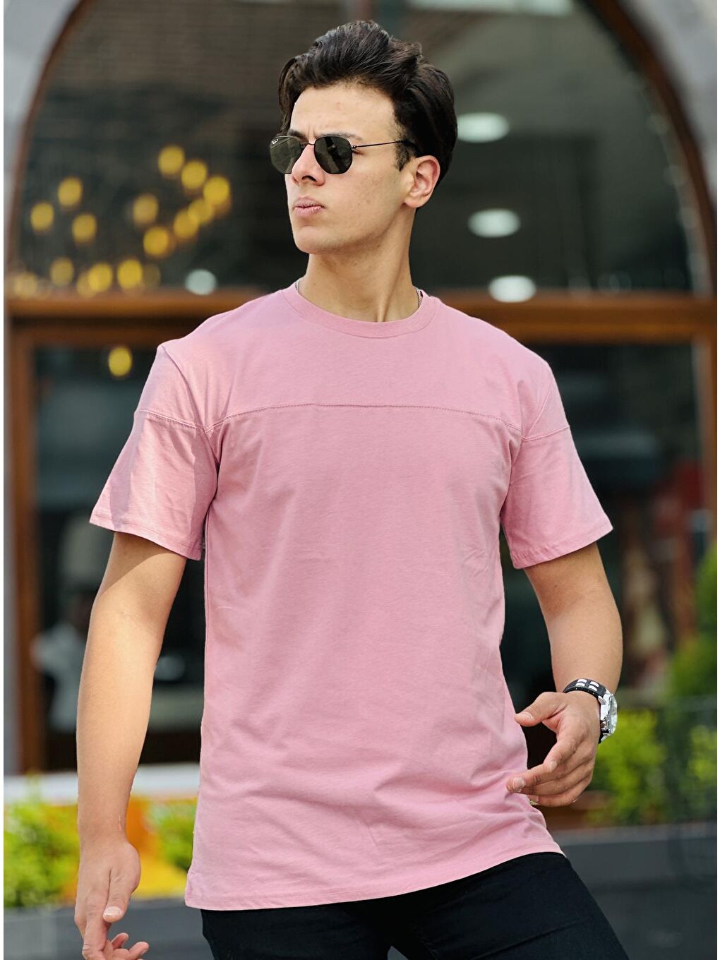 Parçalı Basic Kısa Kollu Tişört Regular Fit-Pembe-1