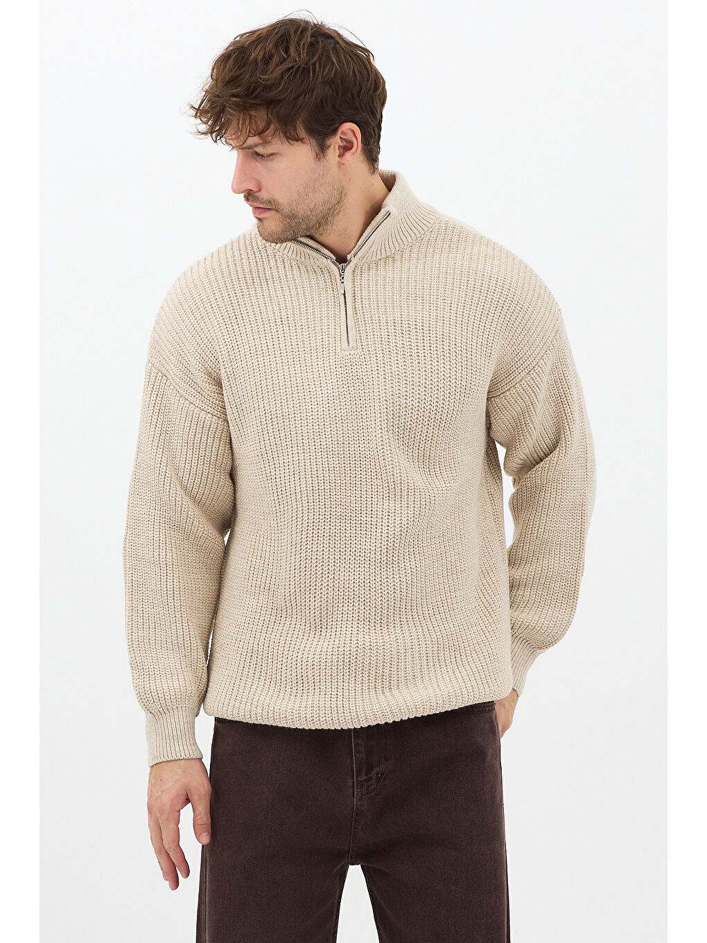 Bej Erkek Oversize Fermuarlı Balıkçı Triko Kazak-3