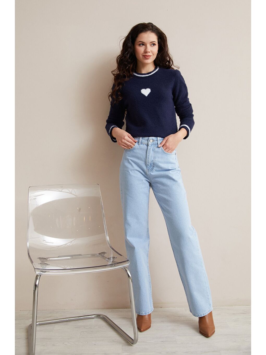 Lacivert Kalp Desenli Bisiklet Yaka Sakallı Kazak-1