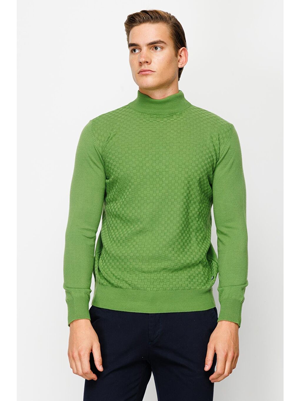 Yeşil Dar Kalıp Yarım Balıkçı Düz Uzun Kollu Triko