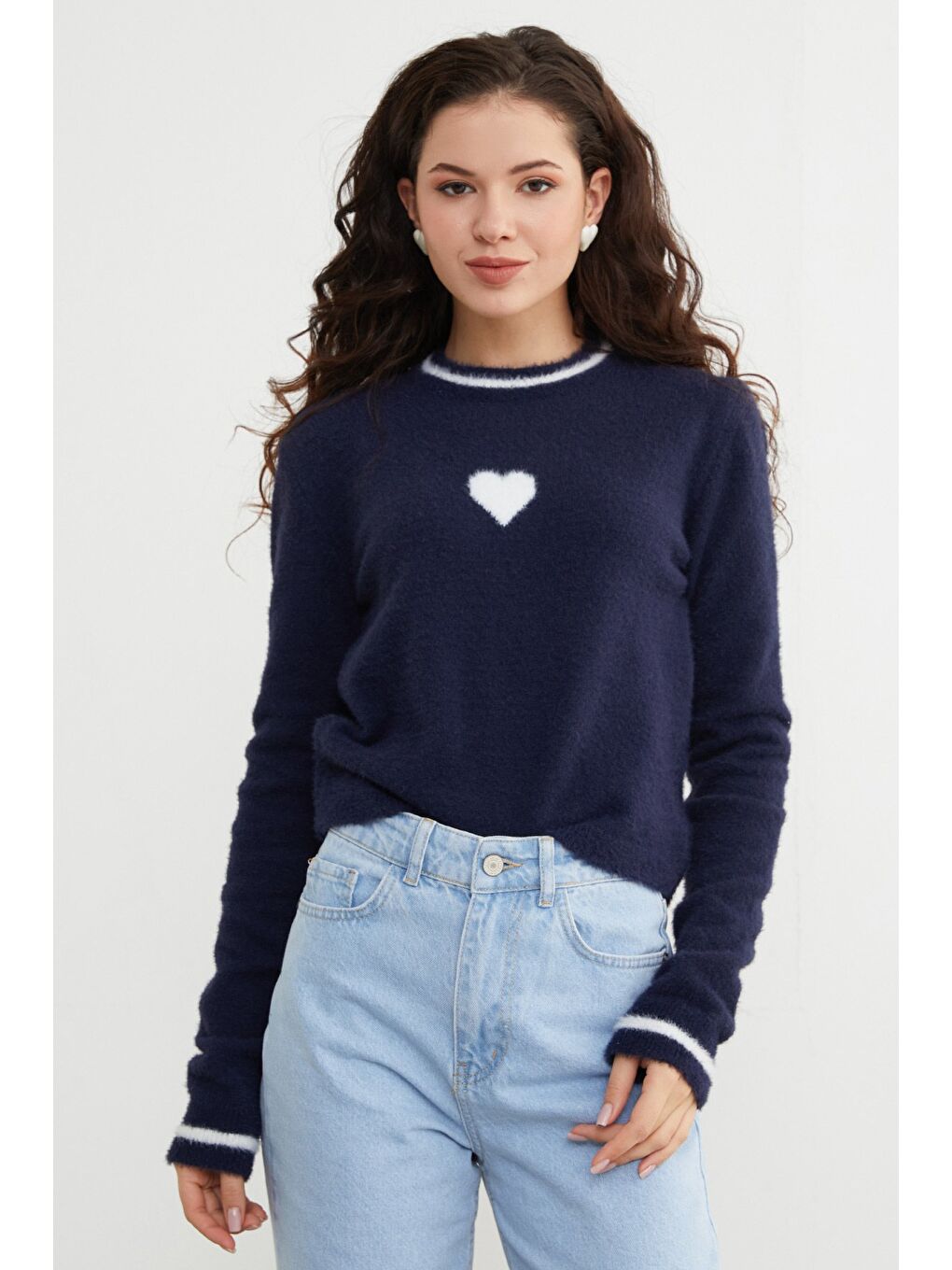 Lacivert Kalp Desenli Bisiklet Yaka Sakallı Kazak-2