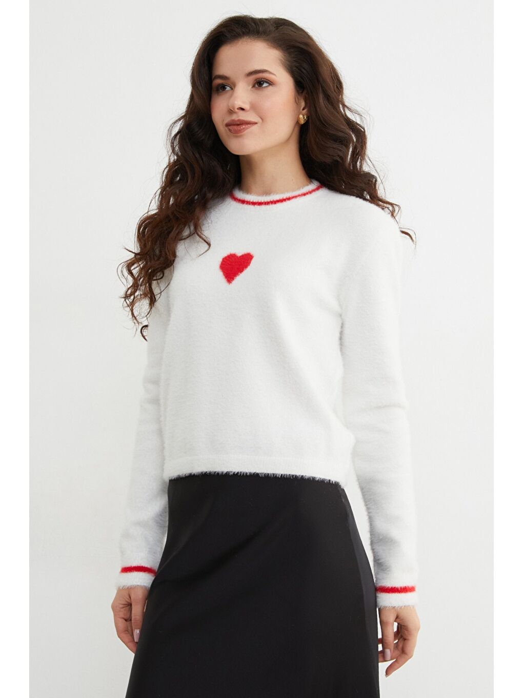 Kırmızı Kalp Desenli Bisiklet Yaka Sakallı Kazak-4