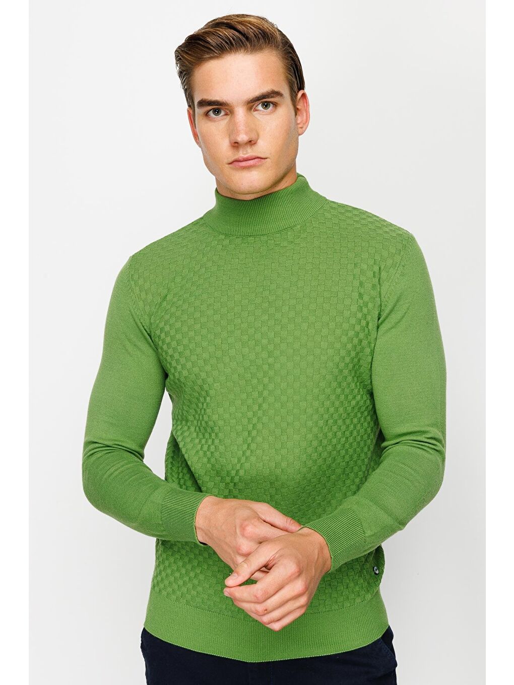 Yeşil Dar Kalıp Yarım Balıkçı Düz Uzun Kollu Triko-1