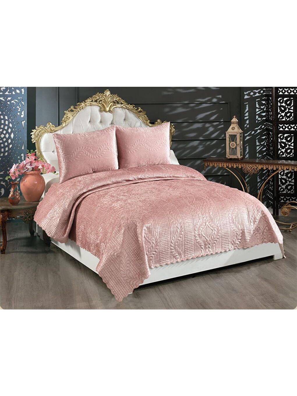 Pembe Velica Çift Kişilik Kadife Yatak Örtüsü Pudra-2
