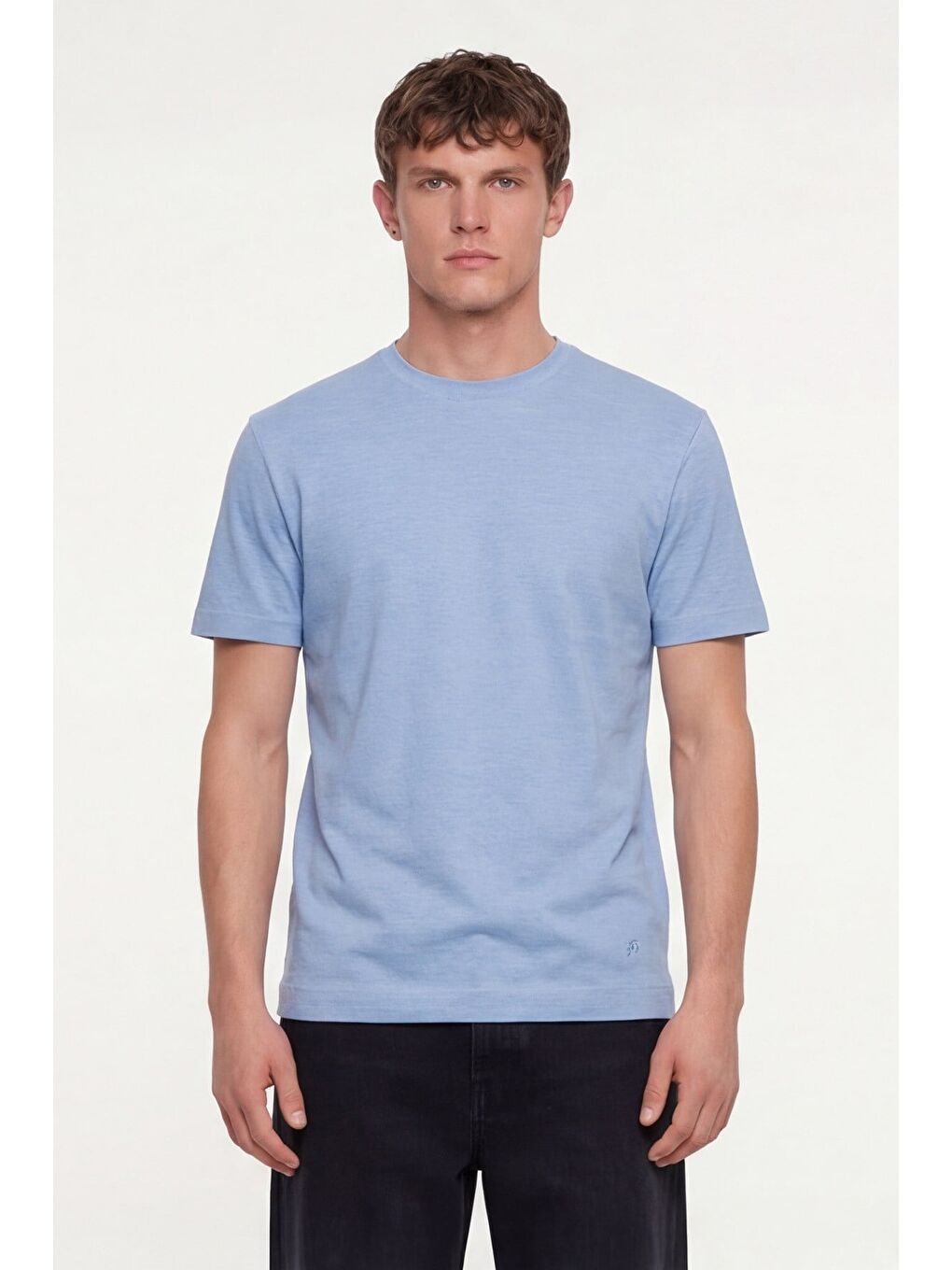 Erkek Mavi Normal Kesim Regular Fit %100 Pamuk Dokuma Bisiklet Yaka Basic T-Shirt