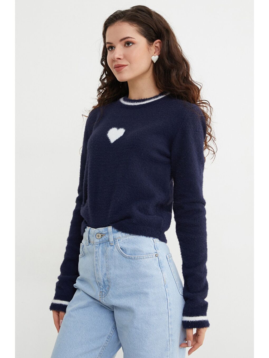 Lacivert Kalp Desenli Bisiklet Yaka Sakallı Kazak-3