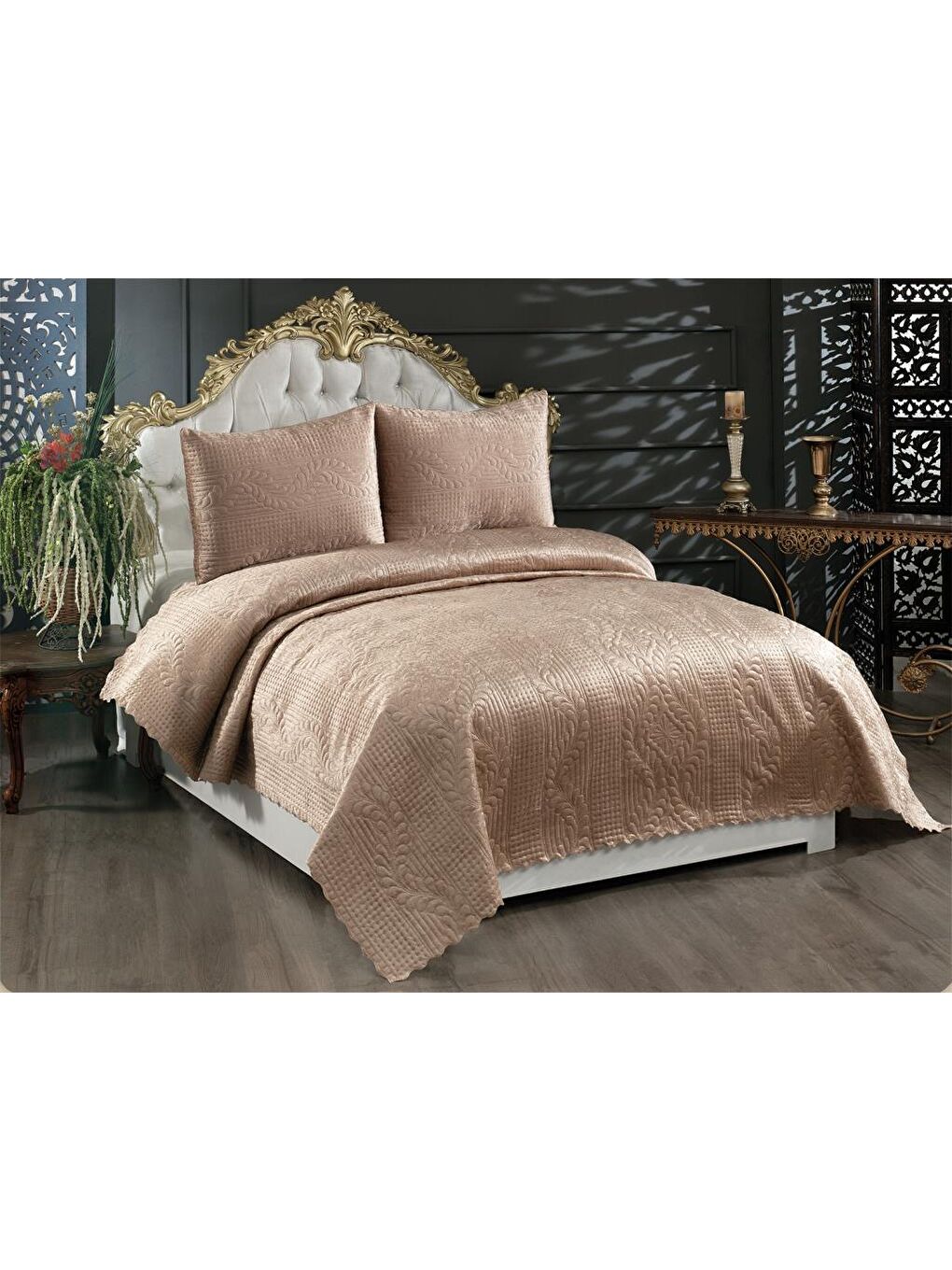 Karışık Velica Çift Kişilik Kadife Yatak Örtüsü Cappucino-2