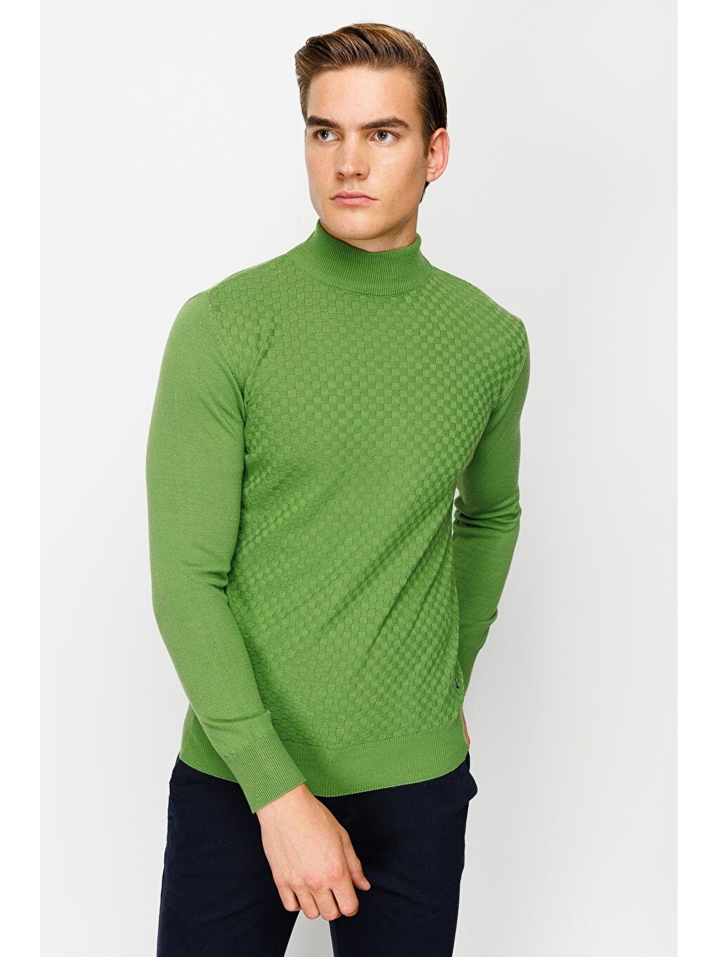 Yeşil Dar Kalıp Yarım Balıkçı Düz Uzun Kollu Triko-4