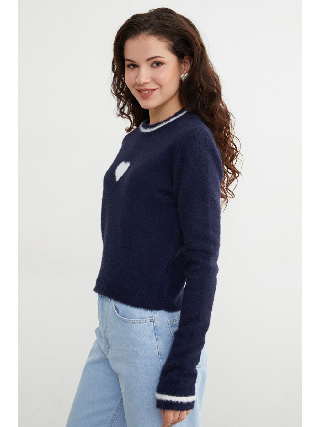 Lacivert Kalp Desenli Bisiklet Yaka Sakallı Kazak-4