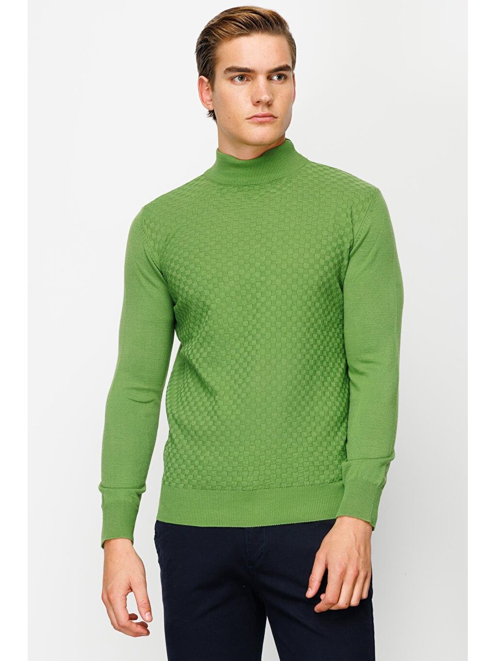 Yeşil Dar Kalıp Yarım Balıkçı Düz Uzun Kollu Triko-5