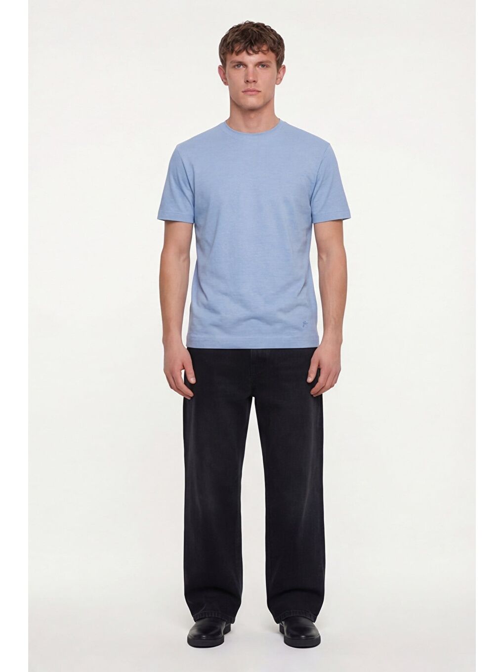 Erkek Mavi Normal Kesim Regular Fit %100 Pamuk Dokuma Bisiklet Yaka Basic T-Shirt-1