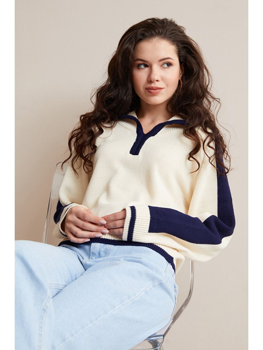 Bej Şeritli Polo Yaka Salaş Triko Kazak-1