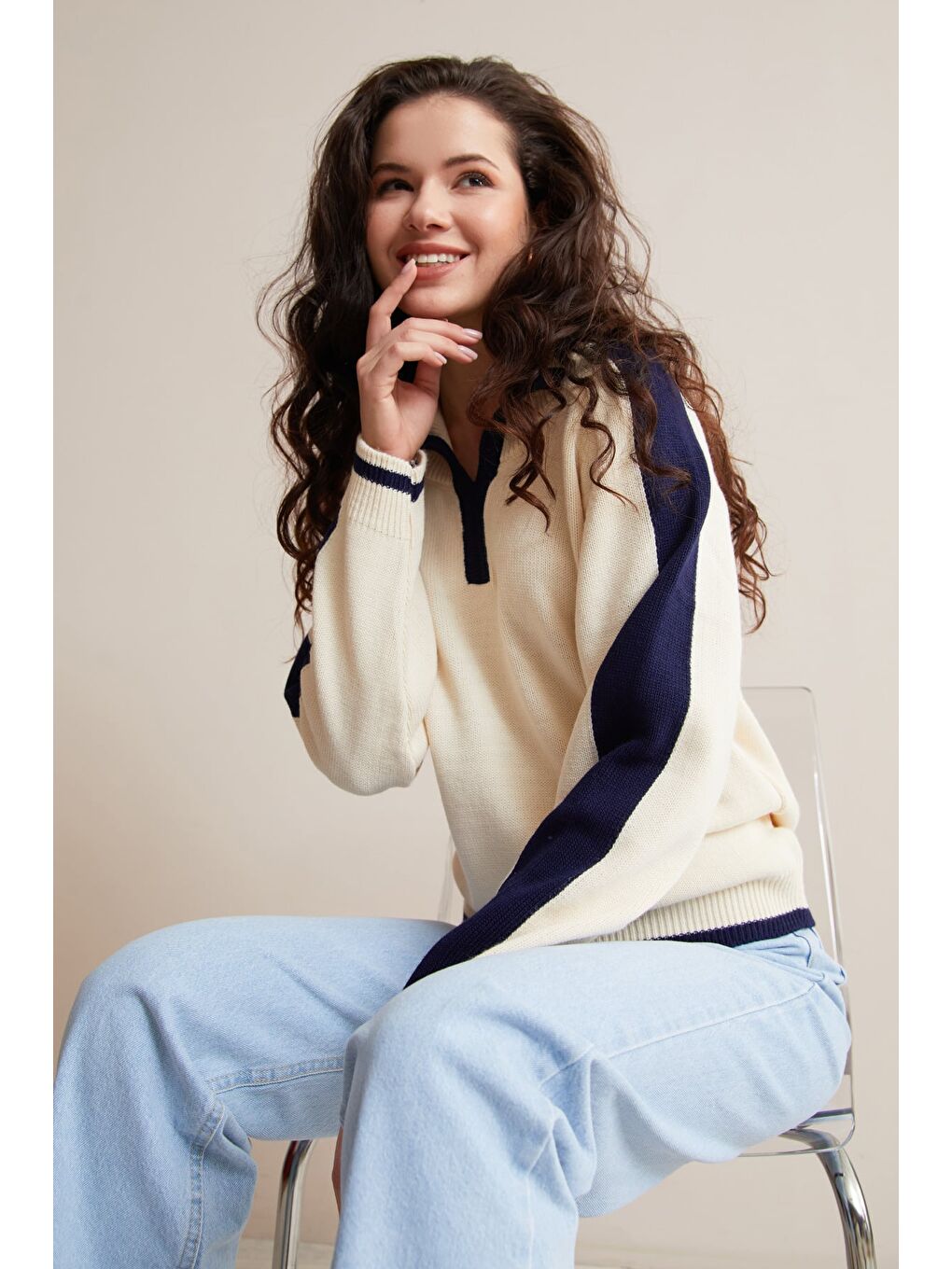 Bej Şeritli Polo Yaka Salaş Triko Kazak-2