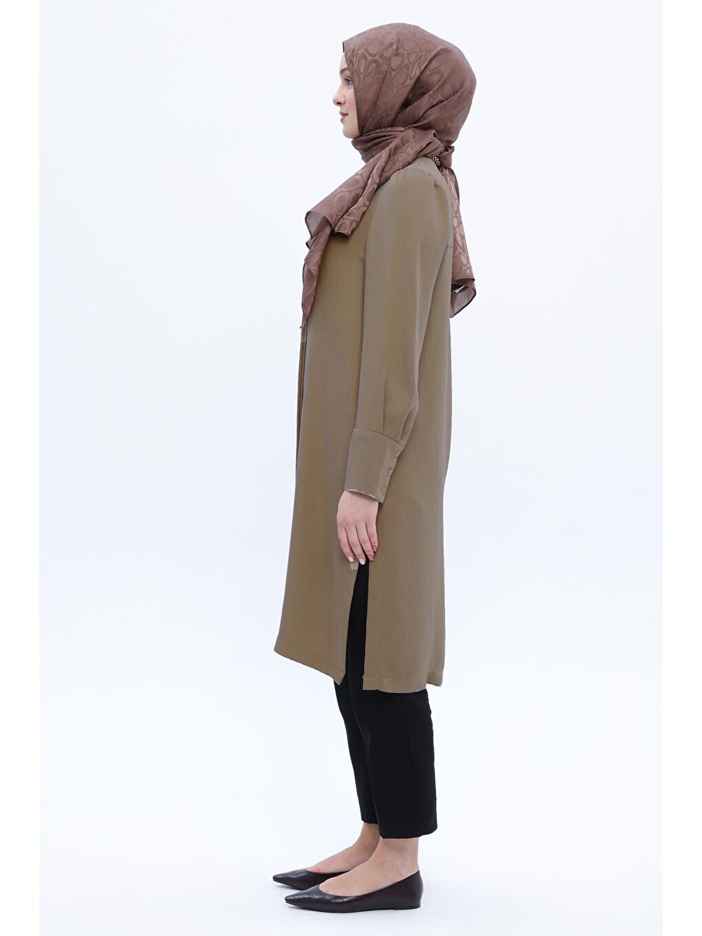 Bej Vizon Metal Düğme Detaylı Patlı Gömlek Tunik-2