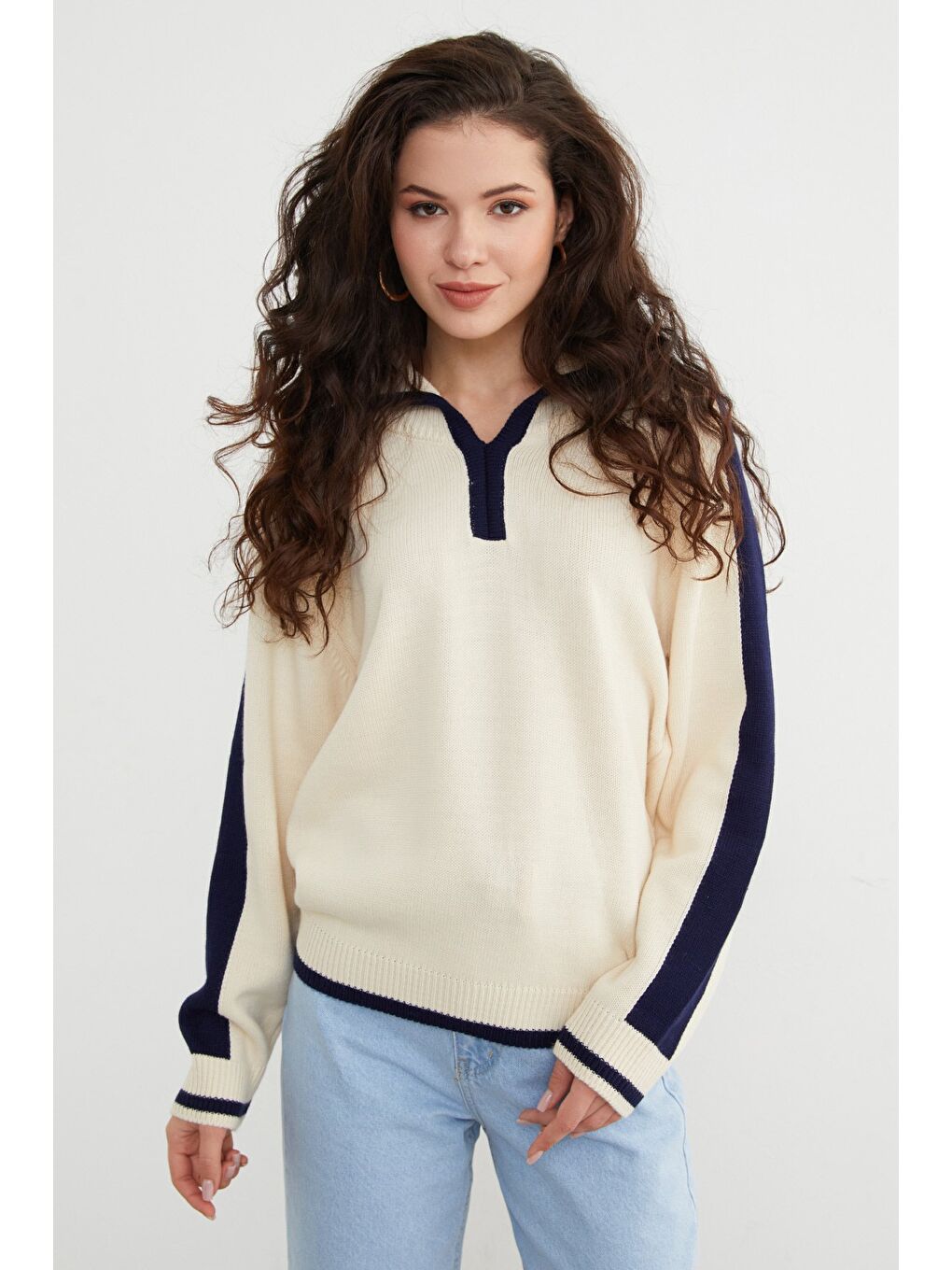 Bej Şeritli Polo Yaka Salaş Triko Kazak-3