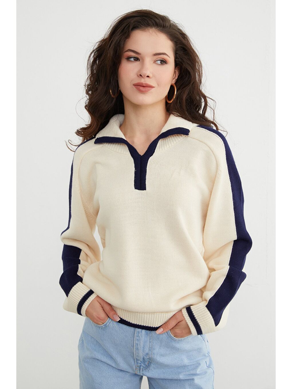 Bej Şeritli Polo Yaka Salaş Triko Kazak-4