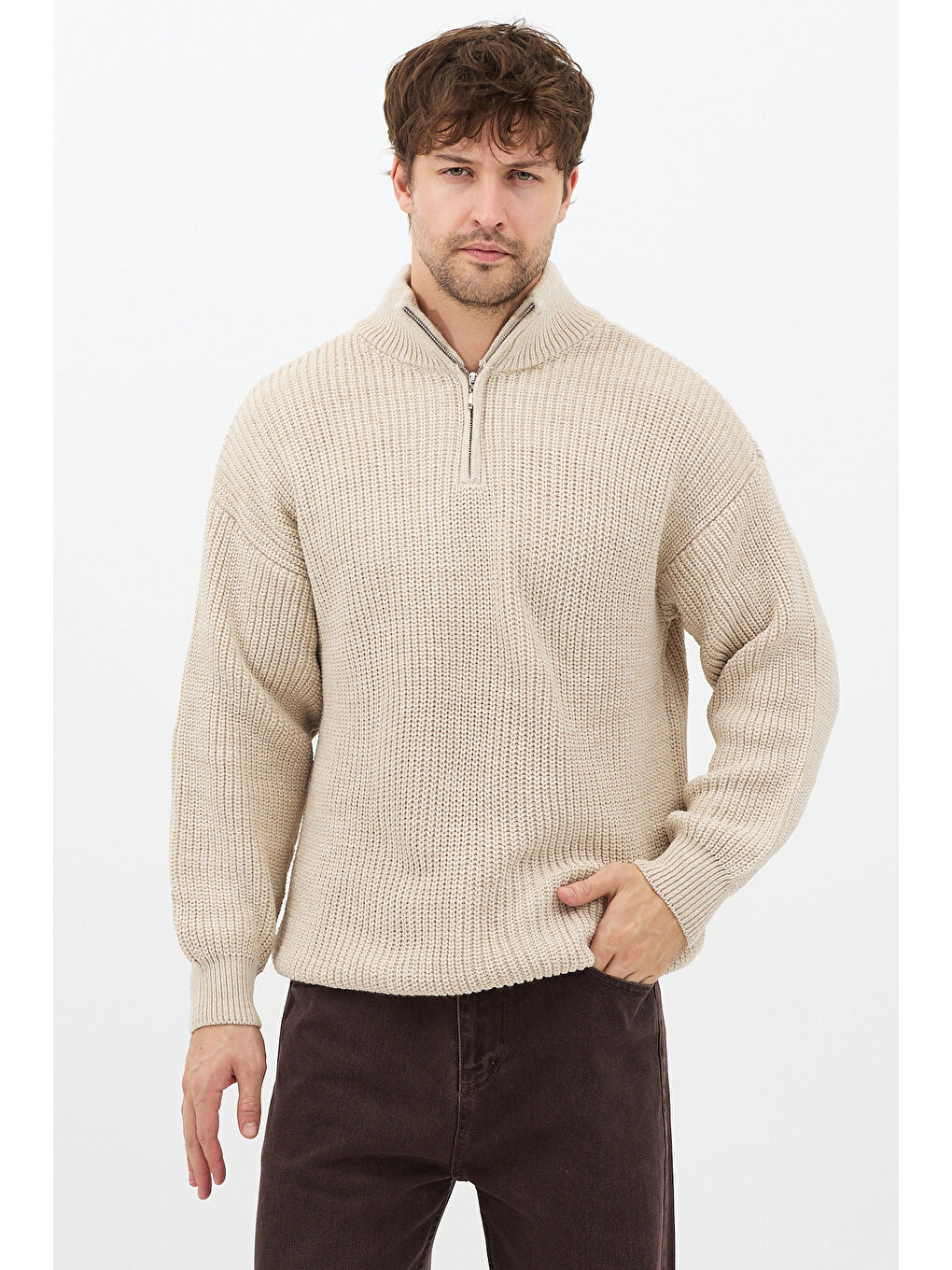 Bej Erkek Oversize Fermuarlı Balıkçı Triko Kazak-5