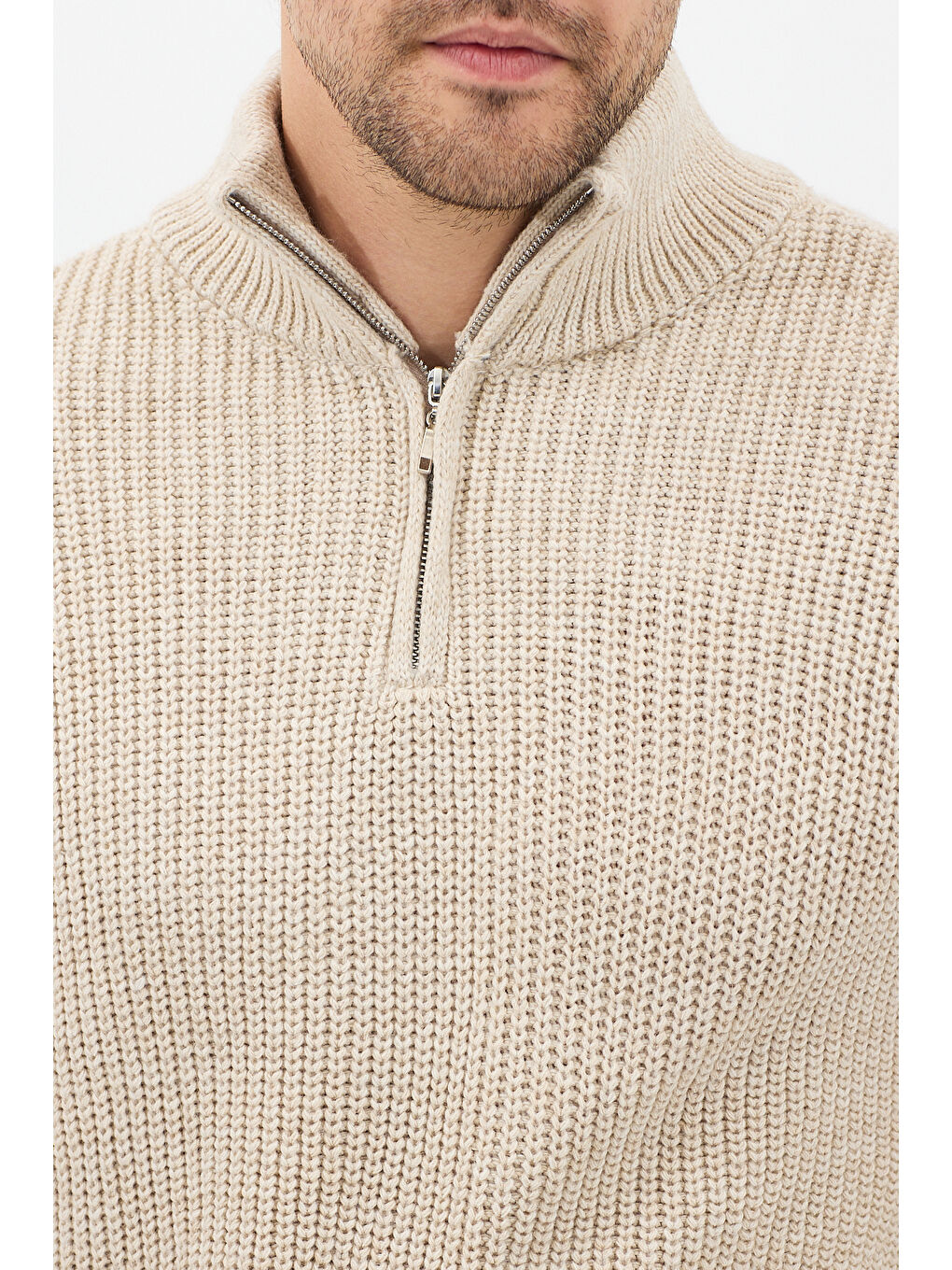 Bej Erkek Oversize Fermuarlı Balıkçı Triko Kazak-6